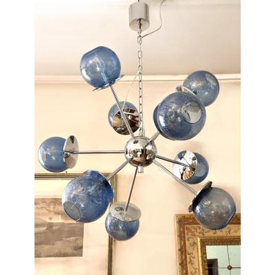 Mid Century Modern Sputnik Pulegoso Blue Murano Glass Chandelier