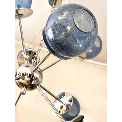 Mid Century Modern Sputnik Pulegoso Blue Murano Glass Chandelier