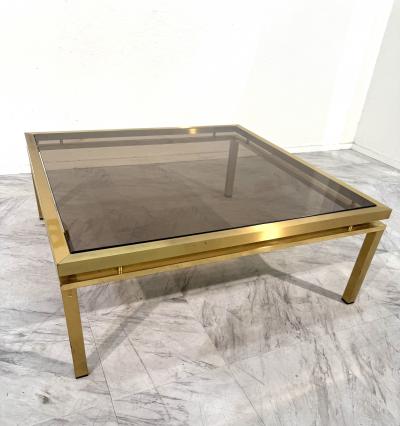 Mid Century Modern Square Brass Smoked Glass Coffee Table 1970s
