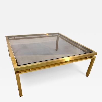 Mid Century Modern Square Brass Smoked Glass Coffee Table 1970s