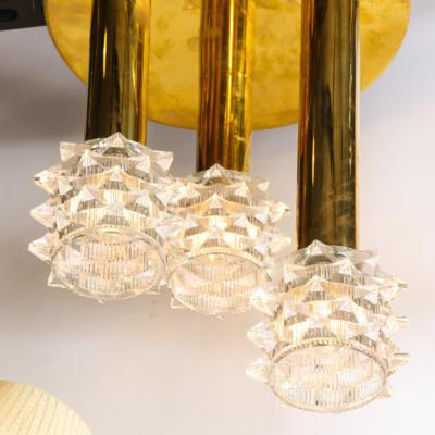 Mid Century Modern Staggered Three Arm Polished Brass Faceted Glass Chandelier