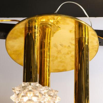Mid Century Modern Staggered Three Arm Polished Brass Faceted Glass Chandelier