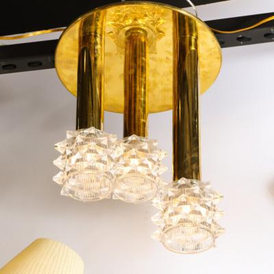 Mid Century Modern Staggered Three Arm Polished Brass Faceted Glass Chandelier