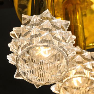 Mid Century Modern Staggered Three Arm Polished Brass Faceted Glass Chandelier