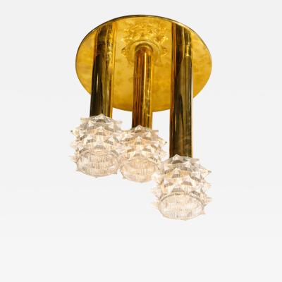 Mid Century Modern Staggered Three Arm Polished Brass Faceted Glass Chandelier