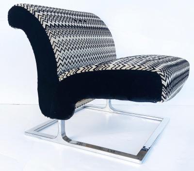 Mid Century Modern Stainless Upholstered Slipper Chairs Pair