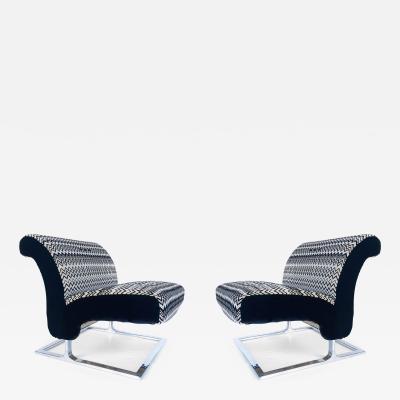 Mid Century Modern Stainless Upholstered Slipper Chairs Pair