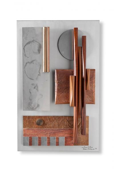 Mid Century Modern Steel Wood Geometric Wall Sculpture by Stuart Mathews