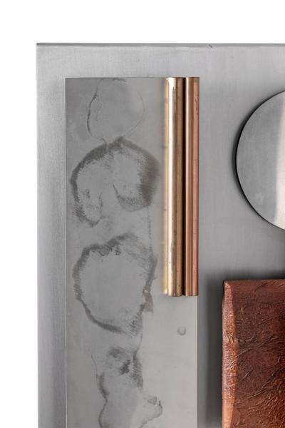 Mid Century Modern Steel Wood Geometric Wall Sculpture by Stuart Mathews