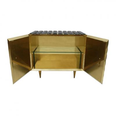 Mid Century Modern Style Brass and Black Glass Pair of Italian Sideboards