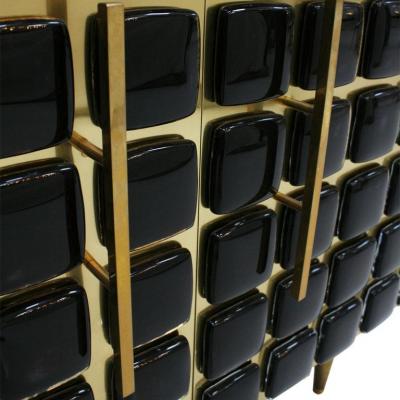 Mid Century Modern Style Brass and Black Glass Pair of Italian Sideboards