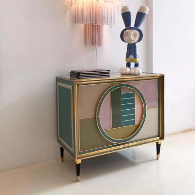 Mid Century Modern Style Brass and Colored Glass Pair of Italian Sideboards