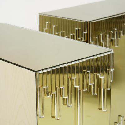 Mid Century Modern Style Glass and Golden Mirror Pair of Italian Sideboards