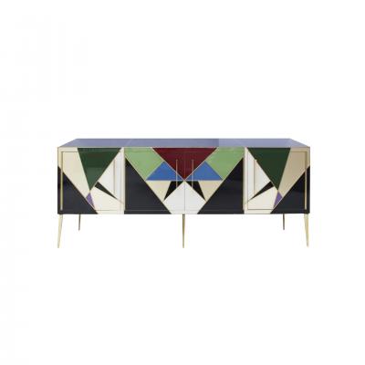 Mid Century Modern Style Italian Sideboard Made of Wood Brass and Colored Glass