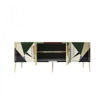 Mid Century Modern Style Italian Sideboard Made of Wood Brass and Colored Glass