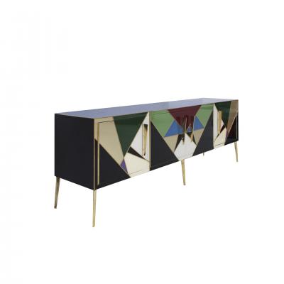 Mid Century Modern Style Italian Sideboard Made of Wood Brass and Colored Glass