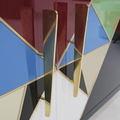 Mid Century Modern Style Italian Sideboard Made of Wood Brass and Colored Glass