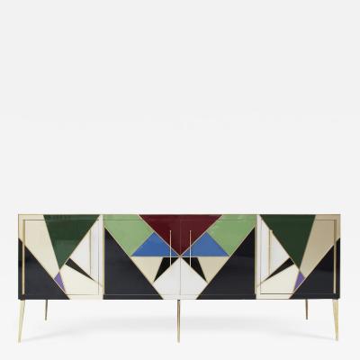 Mid Century Modern Style Italian Sideboard Made of Wood Brass and Colored Glass