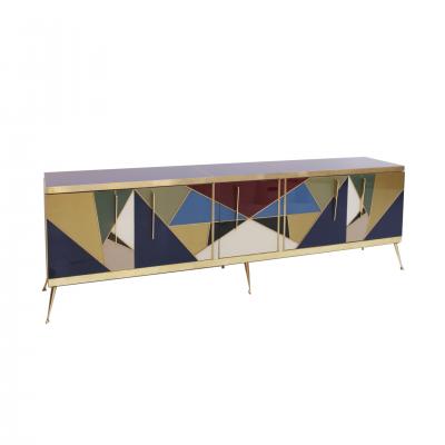 Mid Century Modern Style Italian Sideboard Made of Wood Brass and Colored Glass