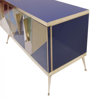 Mid Century Modern Style Italian Sideboard Made of Wood Brass and Colored Glass