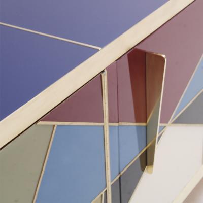 Mid Century Modern Style Italian Sideboard Made of Wood Brass and Colored Glass