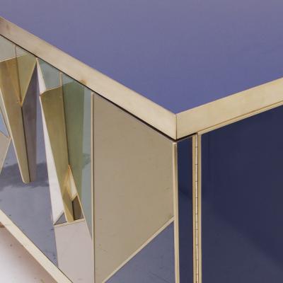 Mid Century Modern Style Italian Sideboard Made of Wood Brass and Colored Glass