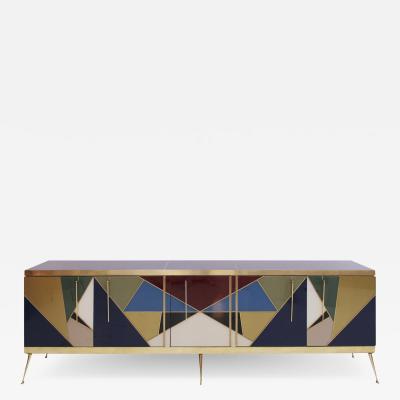 Mid Century Modern Style Italian Sideboard Made of Wood Brass and Colored Glass