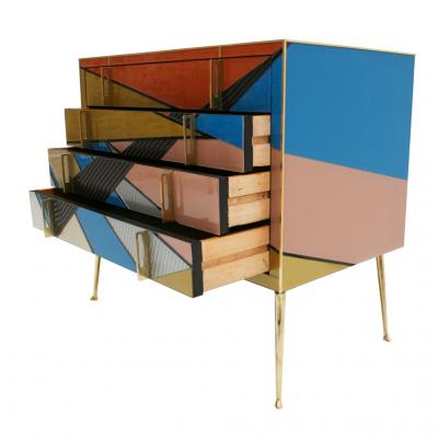 Mid Century Modern Style Murano Colored Glass and Brass Italian Commode