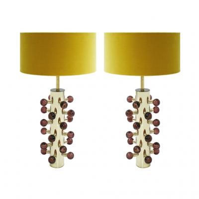 Mid Century Modern Style Pair of Brass and Murano Glass Italian Table Lamps