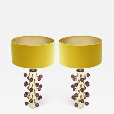 Mid Century Modern Style Pair of Brass and Murano Glass Italian Table Lamps