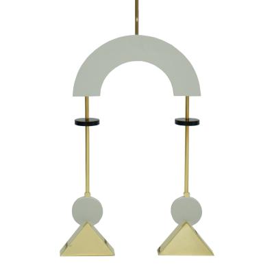 Mid Century Modern Style White Lacquered Wood and Bronze Pair of Pendant Lamps