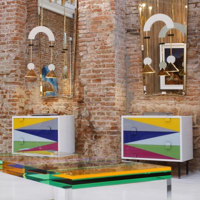 Mid Century Modern Style White Lacquered Wood and Bronze Pair of Pendant Lamps