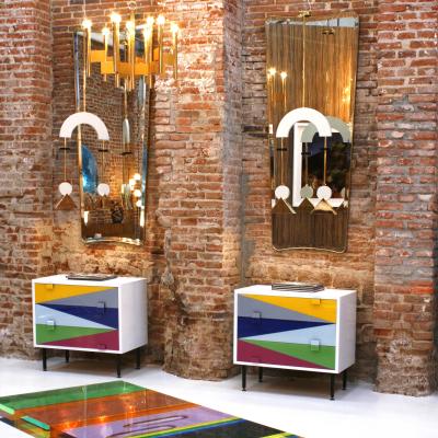 Mid Century Modern Style White Lacquered Wood and Bronze Pendant Lamp