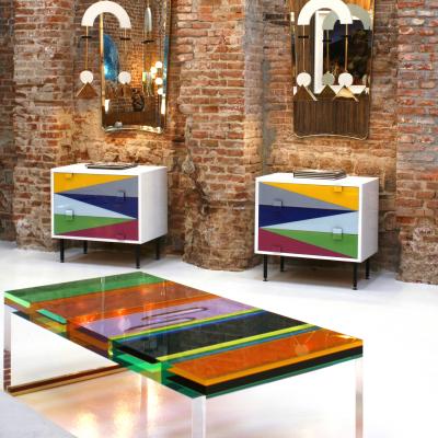 Mid Century Modern Style White Lacquered Wood and Bronze Pendant Lamp