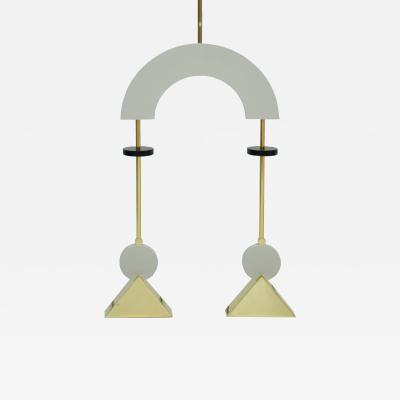 Mid Century Modern Style White Lacquered Wood and Bronze Pendant Lamp