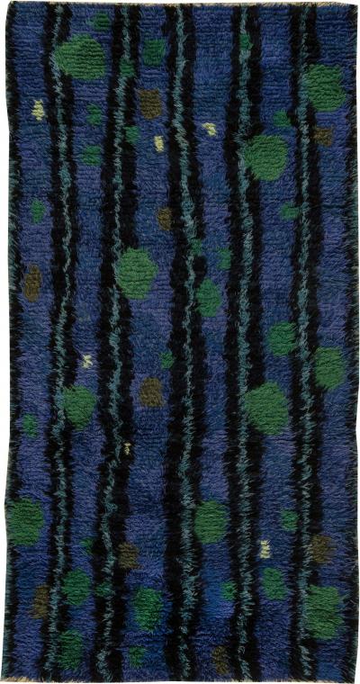 Mid Century Modern Swedish Rya Rug in Lapis Blue Emerald Green and Black