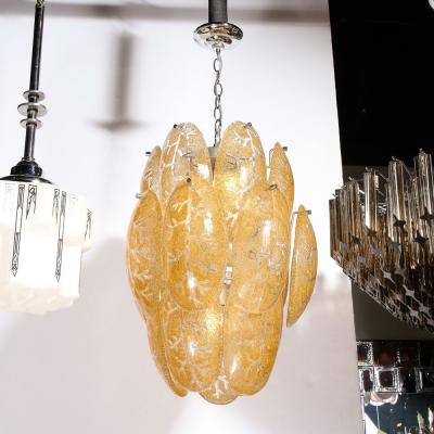 Mid Century Modern Three Tier Leaf Form Chandelier in Crushed Gold Murano Glass