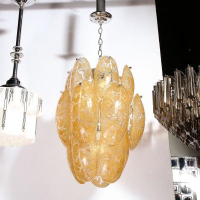 Mid Century Modern Three Tier Leaf Form Chandelier in Crushed Gold Murano Glass