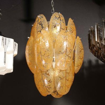 Mid Century Modern Three Tier Leaf Form Chandelier in Crushed Gold Murano Glass
