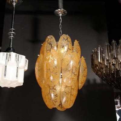 Mid Century Modern Three Tier Leaf Form Chandelier in Crushed Gold Murano Glass