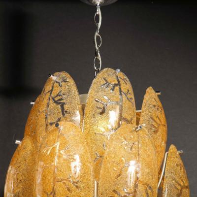 Mid Century Modern Three Tier Leaf Form Chandelier in Crushed Gold Murano Glass