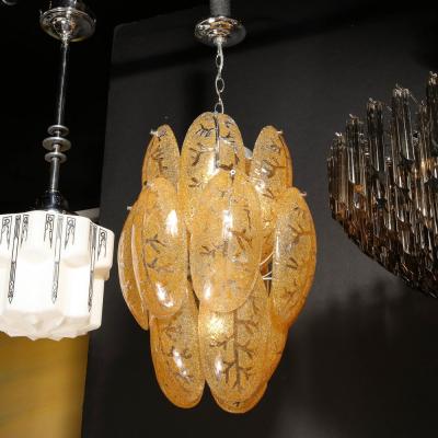 Mid Century Modern Three Tier Leaf Form Chandelier in Crushed Gold Murano Glass