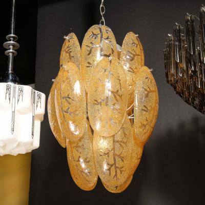 Mid Century Modern Three Tier Leaf Form Chandelier in Crushed Gold Murano Glass