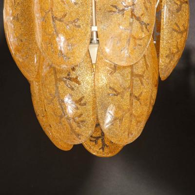 Mid Century Modern Three Tier Leaf Form Chandelier in Crushed Gold Murano Glass
