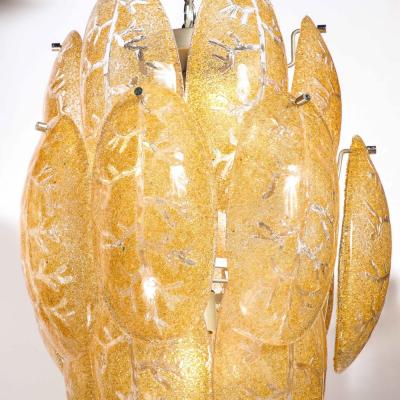 Mid Century Modern Three Tier Leaf Form Chandelier in Crushed Gold Murano Glass