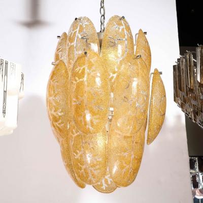 Mid Century Modern Three Tier Leaf Form Chandelier in Crushed Gold Murano Glass