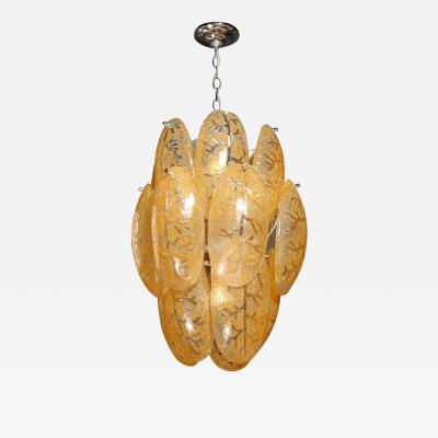 Mid Century Modern Three Tier Leaf Form Chandelier in Crushed Gold Murano Glass