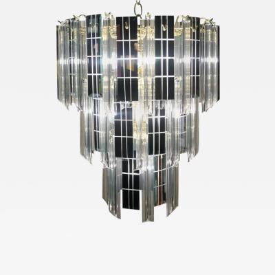 Mid Century Modern Three Tier Lucite and Mirror Mirrored Pendant Lamp Chandelier