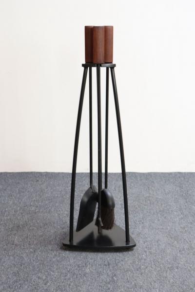 Mid Century Modern Triangular Guitar Pick Form Fire Tool Set in Walnut and Iron