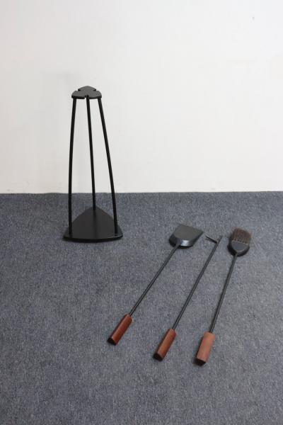 Mid Century Modern Triangular Guitar Pick Form Fire Tool Set in Walnut and Iron